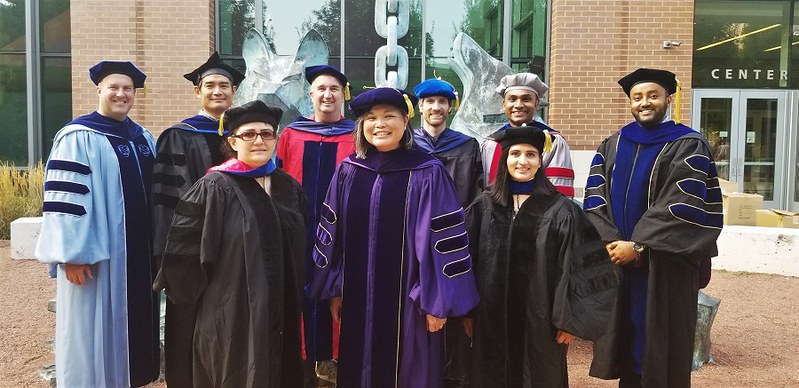 Engineering faculty in regalia before commencement.